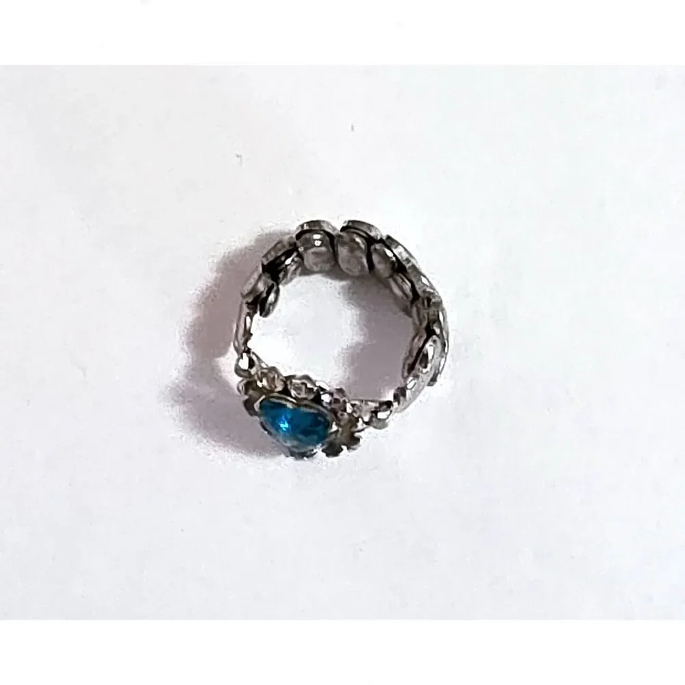Vintage 50s Expansion band child's ring sweetheart silver-tone aqua stone